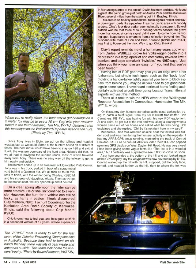 April 2003 CQ Amateur Radio Magazine article featured KARS Fox Hunters