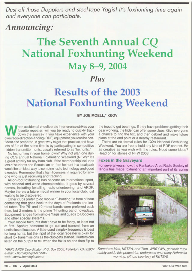 April 2004 CQ Amateur Radio Magazine article featured KARS Fox Hunting