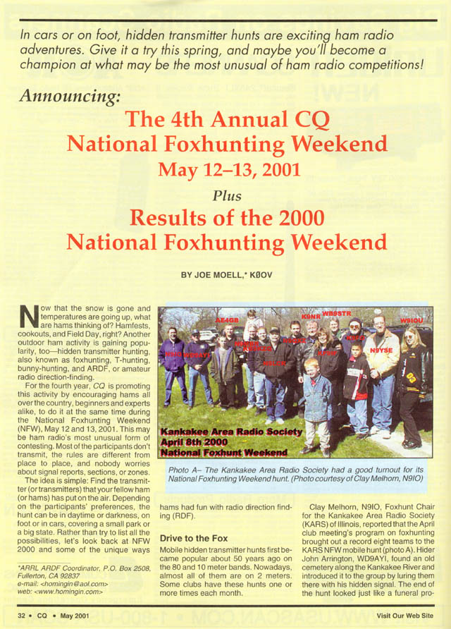 May 2001 CQ Amateur Radio Magazine article featured KARS Fox Hunters